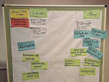 Metaplanwand mit bunten Karten zur Bearbeitung des Praxisbeispiels