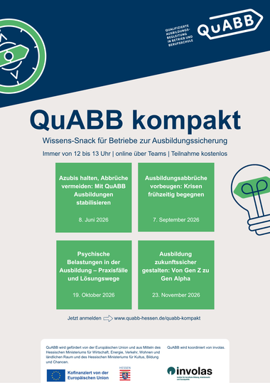 Flyer mit Informationen zur Veranstaltungsreihe QuABB kompakt. Wissens-Snack für Betriebe zur Ausbildungssicherung